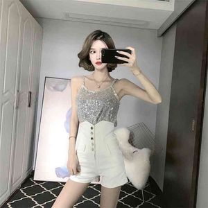 Vår sommar kvinnors shorts koreanska stil solid färg hög midja breasted denim wide-ben slim kvinnlig gx678 210507