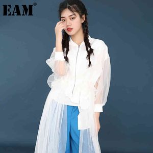 [Eam] Primavera Outono Sky Collar Manga Longa Malha Branco Drawstring Big Size Windbreaker Mulheres Trench Moda Ju18800 21512