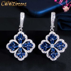 Elegant vacker dangling snöblomma Royal Blue Cubic Zircon Long Huggie Drop Örhängen för Kvinnor Tillbehör CZ698 210714