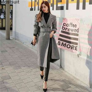 Vinter Houndstooth Korean Woolen Long Belted Coat Jacket Women Sleeve Notched Collar Fashion Elegant Overcoats Toppar 210513