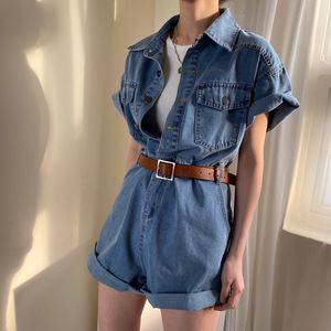 Women Rompers Summer Casual Short Sleeve Jumpsuit Denim Pants Turn-Down Collor Playsuits Overalls 210429