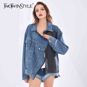 Patchwork Denim Jackets For Women Lapel Long Sleeve Streetwear Designer Loose Blue Coat Female Autumn Clothing 210524