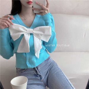 Blå V Neck Puff Långärmad Bow Cardigan Kvinnor Korta TröjorJumpers Söt Fashion Knitwear Toppar Kläder Pull Femme Chic 210610