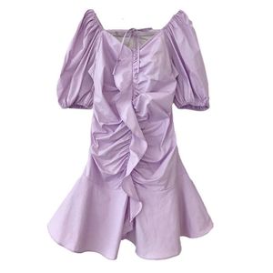 PERHAPS U Women Purple White V Neck Puff Short Sleeve Strapless Ruffle Pleated A Line Empire Mini Dress Sweet Summer D2671 210529