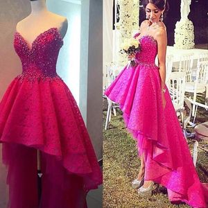 Sweetheart Fuchsia Lace Hi Lo Prom Dresses Pearls Beaded Short Front Long Back Engagement Dress A Line High Low Formal Evening Gowns Custom Made For Women Girls
