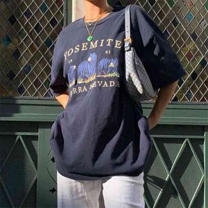 コットンレトロベア刺繍ティートップス特大の女性Tシャツ原宿十代の女の子韓国風の服夏のプラスサイズ210720