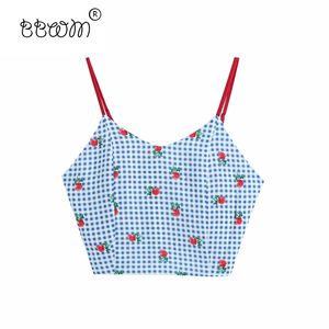 Women Sweet Fashion Floral Print Plaid Camis Tops Cute Girls Chic Back Elastic Straps Tops Summer Casual Camisole 210520