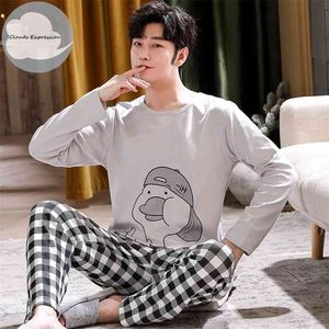 Pigiama di cotone da uomo autunno inverno lettera indumenti da notte a righe cartone animato pigiama set pigiama SleepLounge casual taglie forti 4XL Pijama 210901