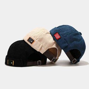 Unisex Letters Label Velvet Beanie Docker Cap Harajuku Hip Hop Retro Rolled Cuff Brimless Landlord Sailor Skull Hat Y21111