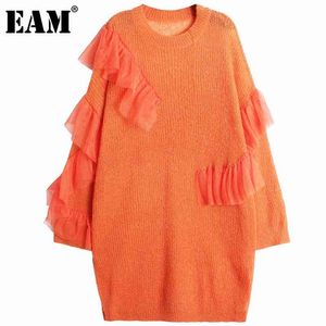 [EAM] Kadınlar Turuncu Ruffles Örgü Büyük Boy Elbise Yuvarlak Boyun Uzun Kollu Gevşek Fit Moda İlkbahar Sonbahar 1dD5981 210512