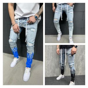 Calças masculinas Jeans rasgados lavados com zíper decorados Calças casuais