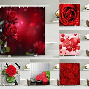 3D Red Rose Plants Flowers Bathroom Curtain Love Romance Bath Curtain Waterproof Fabric Shower Curtains Decor 240X180 With Hooks 211116