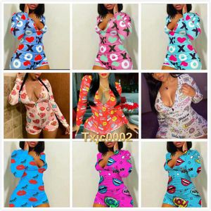 Kobiety Jumps Designer Onesies Sexy Listy Cartoon Wzór Drukowane Piżama Skinny V-Neck Krótkie Nightwear Damskie Dorywczo Pajacyki