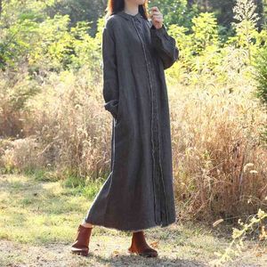 Johnature Women Vintage Autumn Long Trench Knapp Bandage Coats Ramie Högkvalitativa Kläder Solid Färg Casual Trench 210521