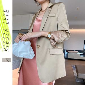 サテンスーツのジャケットのための女性春の豪華なソリッドシャンパン長袖レディースの韓国風の緩いビジネススーツブレザー210608