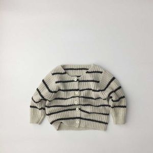 Pojkar och flickor Tröjor Knitwear Crew Neck Jacka Luftkonditionering Cardigan Striped Spring Ny 2021 Barnens Koreanska tröja Y1024