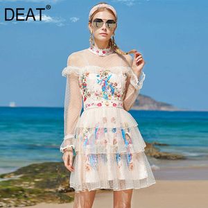 [Дикс] Летняя мода женский круглый шеи высокая талия с длинным рукавом печатание чистая пряжа элегантное платье женщин 13C572 210527