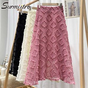 SURMIITRO Sommer Baumwolle Leinen Applikationen Lange Röcke Frauen Rosa Elegante Koreanische Stil Ästhetische Hohe Taille Midi Rock Weibliche 210712