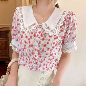 Summer Women Designer Sweet Pink Floral Peter Pan Collar Chiffon Blouse Puff Sleeve Vintage Shirts Ladies Casual Top 210519