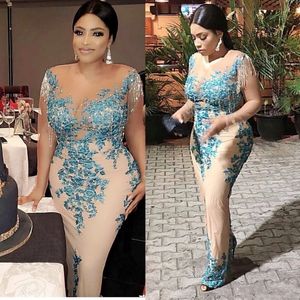 Aso Ebi Mor av brudklänningen Tassel Pärlor Pärlor Plus Size Afrikanska Nigerianska Lace Sequins Mermaid Evening Gowns Sheer Neck