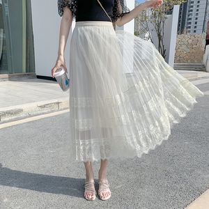Skirts Womens Long for Korean Elegant Lace Empire High Waist Black Pleated Tulle 210428