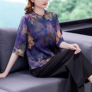 Camicette da donna Camicie Camicia Top da donna Estate Primavera 2021 Mezza manica casual Seta Collo alla coreana Fiore viola Fiori rossi Donna