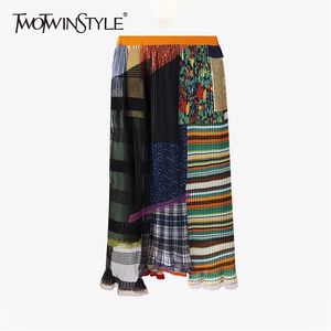 Vintage hit färg asymmetrisk kjol för kvinnor hög midja patchwork pläterade midi klänningar kvinnlig sommar mode 210521