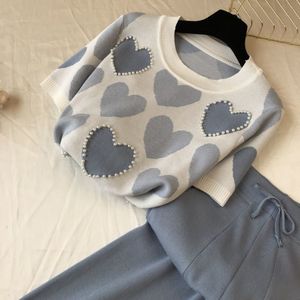 Damska dwuczęściowa dorywcza spodnie z dzianiny z krótkim rękawem wiosenne i letnie drukowane pulower z koralikami + podwójne spodnie koronkowe damskie x0522