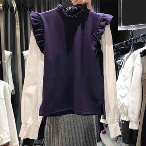 スタンドカラー木製イヤパッチワークブラウス女性プルオーバー長袖ワークスタイルOL Blusas Springシャツルーズ210422