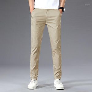 Calças masculinas verão fina moda casual cor sólida cintura elástica coreana slim all-match calças juventude roupas de marca verde cáqui verde