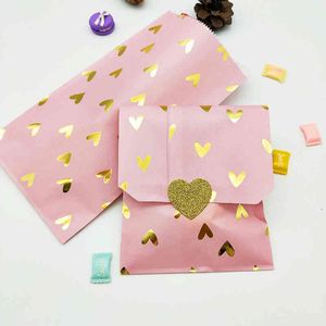 100 pezzi Sacchetti di carta rosa con cuori in lamina d'oro per regali Cibo Decorazioni per feste di compleanno Bambini Caramelle Biscotti Sacchetti di carta Adesivi 210323