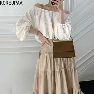 Korejpaaの女性のドレスセット韓国のシックな夏のOネックの織り目加工の緩い泡スリーブシャツと高腰のプリーツスカートスーツ210526