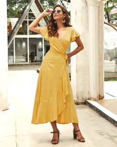 2021 Sommar Kvinnor Casual Ruffled Short-Sleeved Chiffon Dress V-Neck Hög midja Blommigryck Beach Midi Klänningar Baklösa Sexiga Vestidos 030401 DHL 30PCS