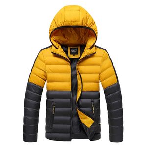 Colorblock Winter Parkas мужчины контрастные густые теплые толстовки водонепроницаемые шляпа съемные негабаритные пальто зимняя одежда сплошной куртка 210524