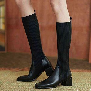 秋冬の新しいセクシーなスリムな膝 - 高靴ブーツファッションニットストレッチ女性ロングブーツ女性正方形のトウハイヒールの靴Y1125