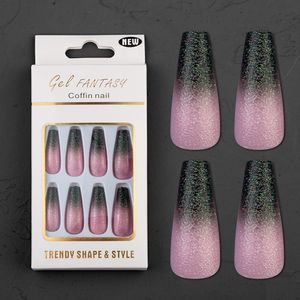 24Pcs Pink Leopard Designs False Nails French Long Coffin Fake Nail Fashion Artificial Full Cover Nail Art Tips Press on Nail