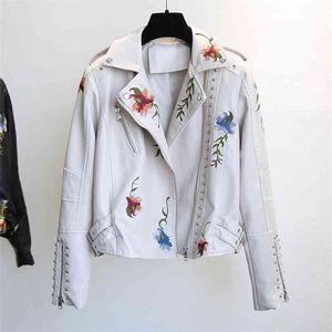 Chaqueta de cuero de imitación de PU Floral para mujer, abrigo bordado de motocicleta de calle alta, prendas de vestir exteriores Punk, chaquetas de motorista, abrigos femeninos 210914