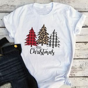 Women's T-Shirt Christmas Tree Shirts Women 2021 Graphic Tees Woman Harajuku Vintage Plus Size Korean Clothes Punk Tee Print O-Neck Tops