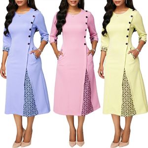 Apparel Plus Size Dresses Party Women Autumn Geometric Patchwork 3/4 Sleeve Midi Swing Dress Clothing