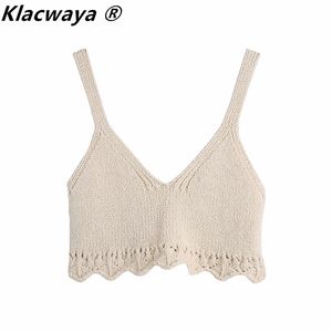 Kobiety Sweet Fashion Hollow Out Cropped Dzianiny Tank Topy Vintage V Neck Szerokie paski Kobiet Camis Mujer 210521