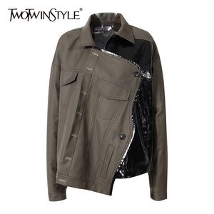 Irregular Patchwork PU Leather Cotton Jacket For Women Lapel Long Sleeve Casual Loose Jackets Female Fashion 210524