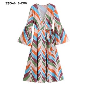 French Cross V neck Wave Striped Print Wrap Dress Vintage Lacing up Waist Split Slim Women Flare Sleeve Long Tea Dresses 210429