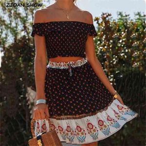 Bohemia Crows Top Eystic Hem Floral Print Off Bank Tank Женщины Талия Мини Короткие юбки Ruched Camis 2 Piece Set 210429