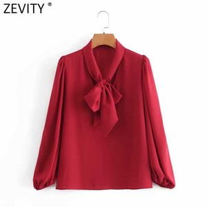 Zevity Women Fashion V Neck Solid Bow Tied Chiffon Smock Blus Kontor Ladies Puff Sleeve Röd skjorta Chic Blusas Tops LS7679 210603