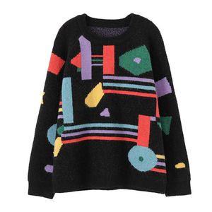 FORSE U Maglione nero da donna Pullover lavorato a maglia Manica lunga Stampa geometrica multicolore Allentato Autunno Inverno Casual M0333 210529