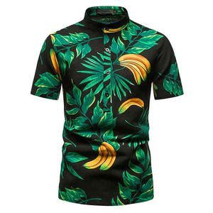 Print Shirts Men Stand Collar Casual Mens Shirt Oversized Short Sleeve Hawaiian Camisas Summer Holiday Beach Banana Streetwear 210524