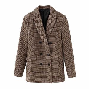 Klacwaya Women 2020 Mode Plaid Slim Blazer Office Ladies Notched Collar Double Breasted Suits Girls Loose Street Wear Topps X0721
