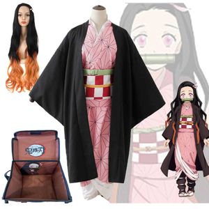 Cosplay Anime Demon Slayer Kimetsu No Yaiba Kamado Nezuko Full Costume Including Set Wig Shoes Backpack Woman Cosplay Costume Y0903