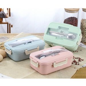 Lunch Box Food Container Bento Heated Lunchbox Kids Snack Straw Wheat Korean Sealed Student Plastic for 220217