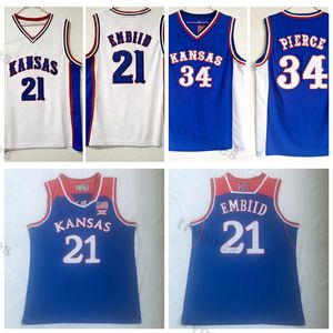 Mens Kansas Jayhawks College Basketball Jerseys Vintage 34 Paul Pierce 21 Joel Embiid Stitched Jersey Blue Shirts S-XXL